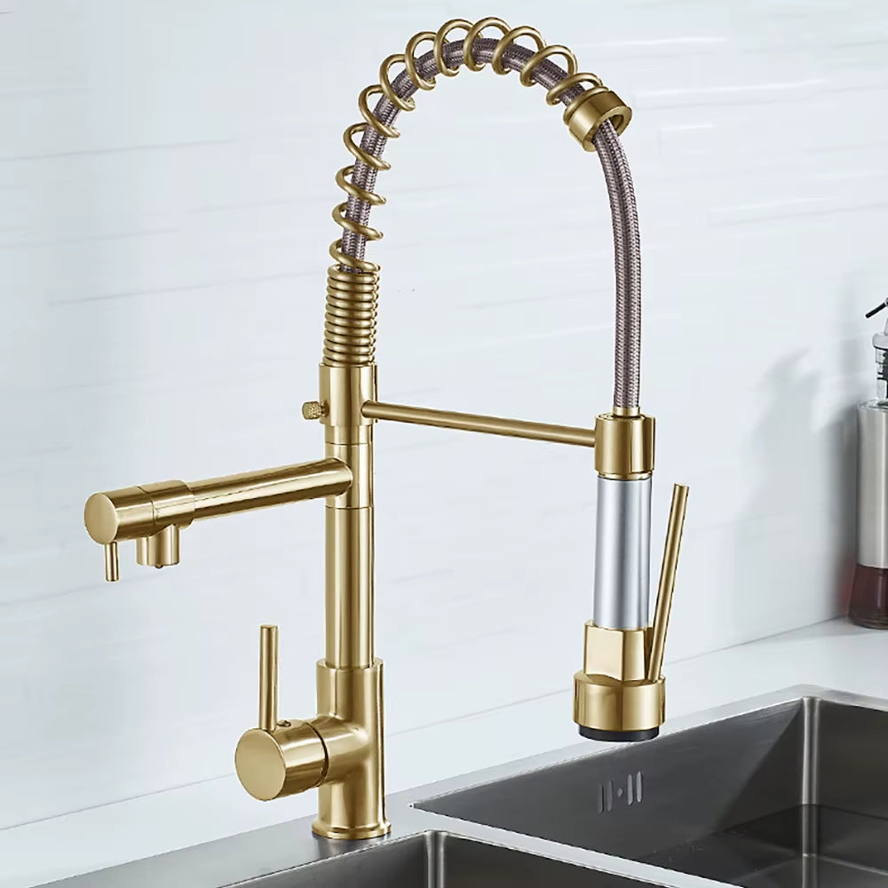 Black Brushed Spring Pull down Kitchen Sink Faucet Hot & Cold Water Mixer Crane Tap with Dual Spout Deck Mounted
