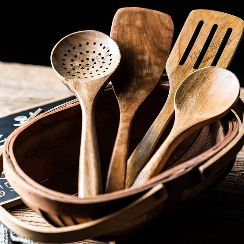 9PCS Wooden Spoons for Cooking, Wooden Utensils for Cooking with Utensils Holder, Teak Wooden Kitchen Utensils Set