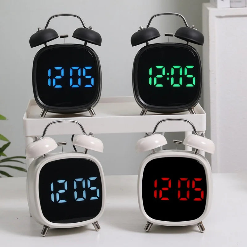 Voice Control Digital Alarm Clock Double Bell Super Loud for Heavy Sleeper Night Mode 12/24H Night Anti-Disturb Table LED Clock