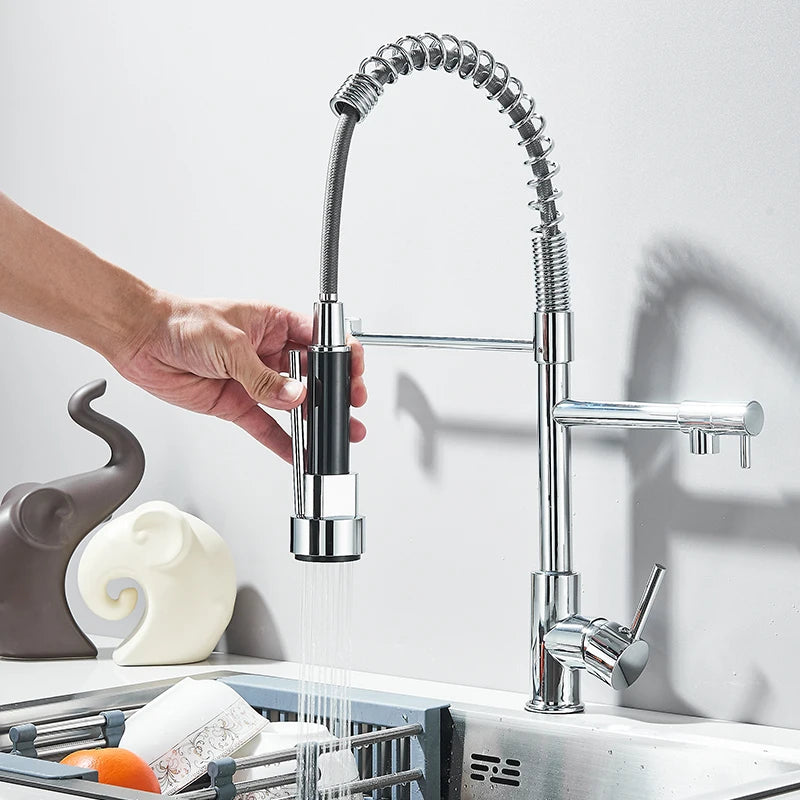 Chrome Kitchen Faucet Pull down Kitchen Sink Crane Dual Swivel Spout Kitchen Mixer Tap Hot Cold Water Mixer Tap Deck Installatio