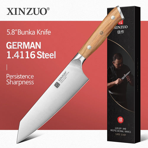 5.83 Inch Choice Bunka Chef Knife German Steel Olive Wood Handle Copper Rivets 56±2 HRC anti Rust Exquisite Packaging