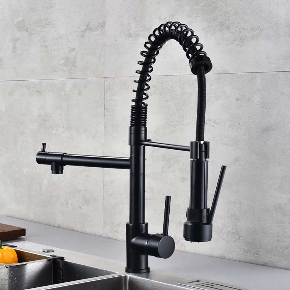 Black Brushed Spring Pull down Kitchen Sink Faucet Hot & Cold Water Mixer Crane Tap with Dual Spout Deck Mounted