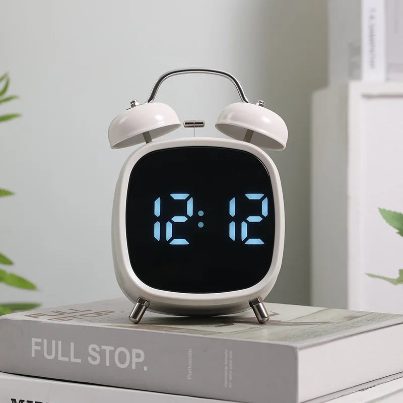 Voice Control Digital Alarm Clock Double Bell Super Loud for Heavy Sleeper Night Mode 12/24H Night Anti-Disturb Table LED Clock