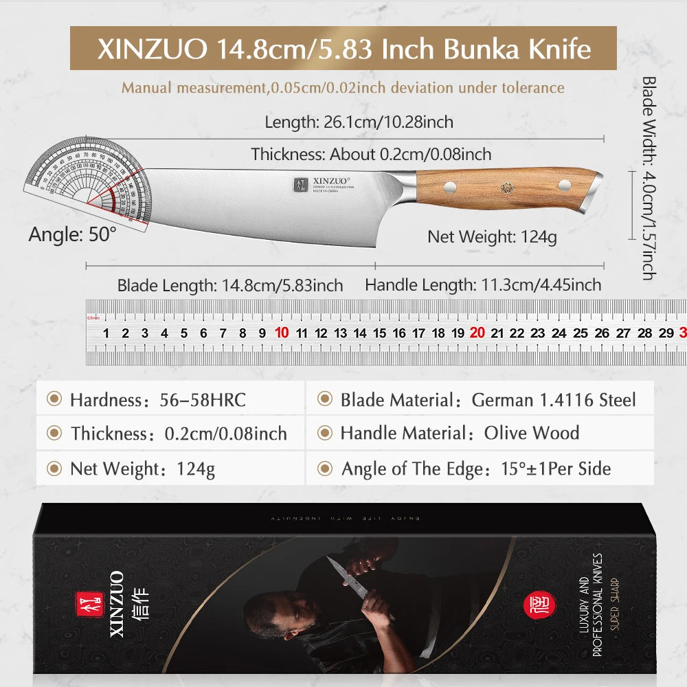 5.83 Inch Choice Bunka Chef Knife German Steel Olive Wood Handle Copper Rivets 56±2 HRC anti Rust Exquisite Packaging