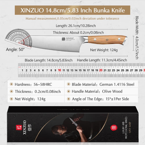 5.83 Inch Choice Bunka Chef Knife German Steel Olive Wood Handle Copper Rivets 56±2 HRC anti Rust Exquisite Packaging