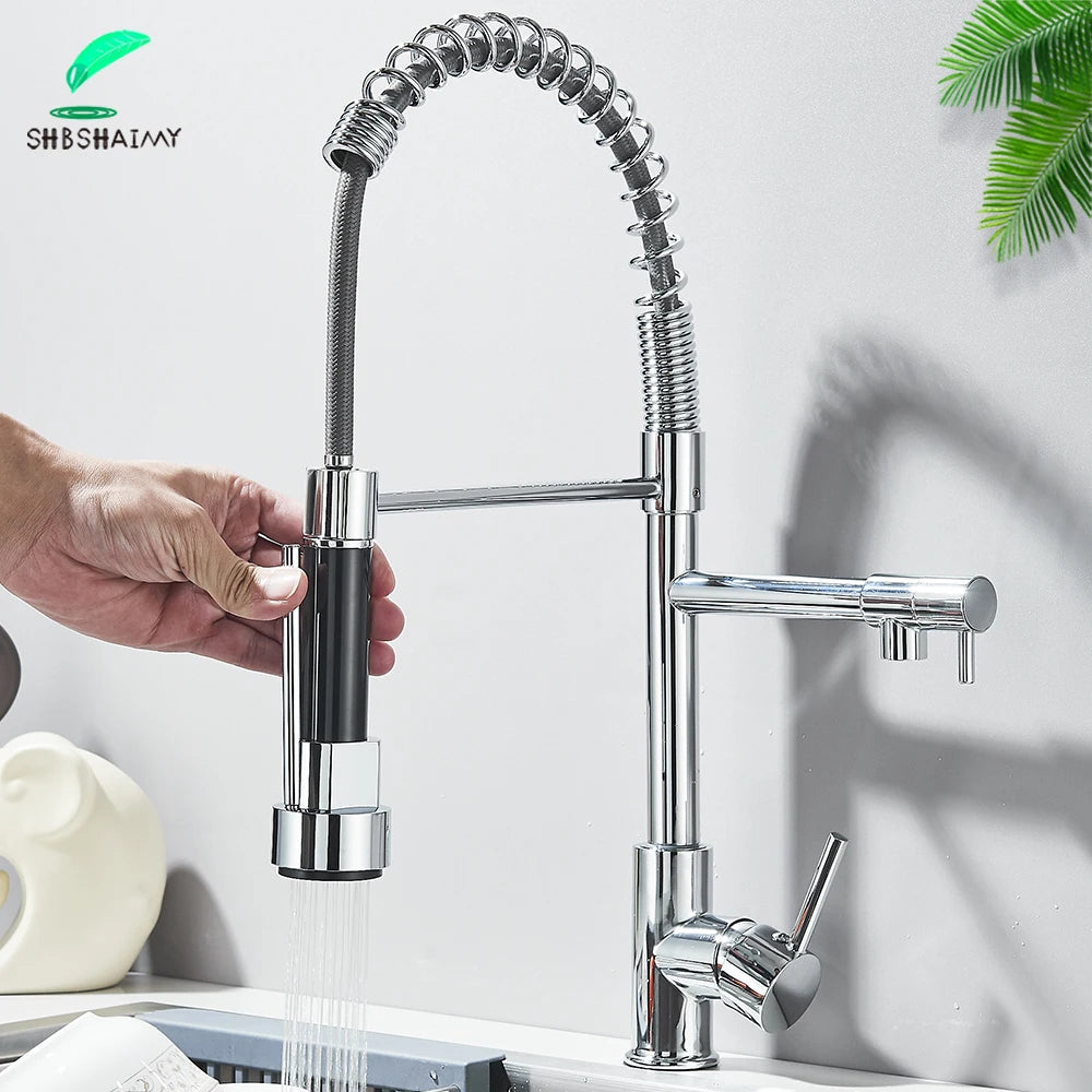 Chrome Kitchen Faucet Pull down Kitchen Sink Crane Dual Swivel Spout Kitchen Mixer Tap Hot Cold Water Mixer Tap Deck Installatio