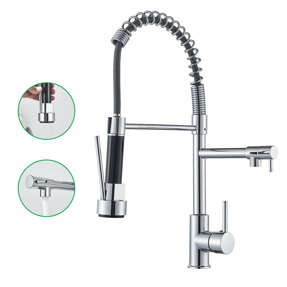 Chrome Kitchen Faucet Pull down Kitchen Sink Crane Dual Swivel Spout Kitchen Mixer Tap Hot Cold Water Mixer Tap Deck Installatio