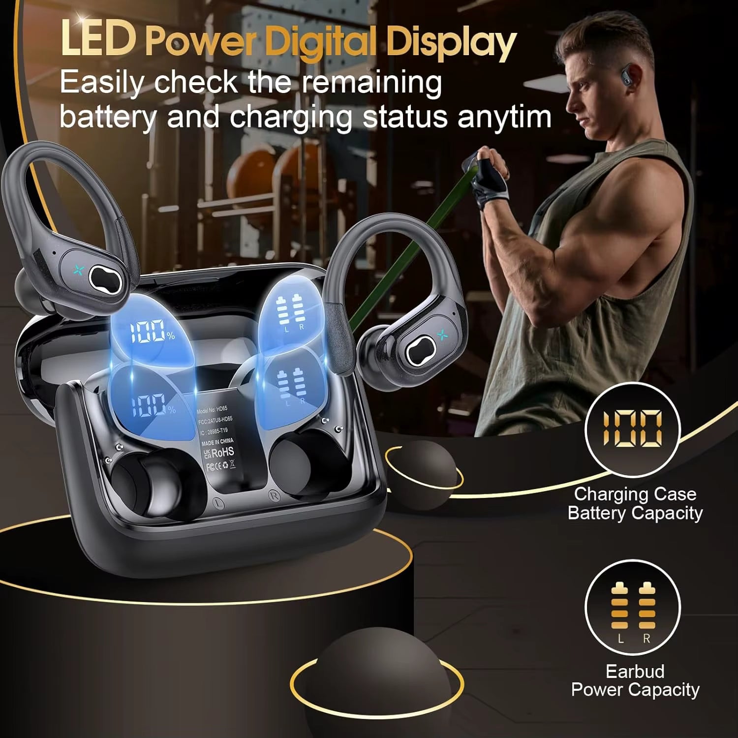 Original  HD65 TWS Bluetooth V5.4 Headphones Wireless LED Digital Display Earphones Noise Reduction Waterproof Headset New