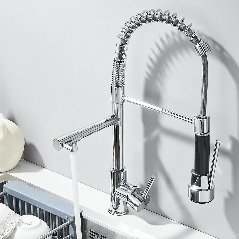 Chrome Kitchen Faucet Pull down Kitchen Sink Crane Dual Swivel Spout Kitchen Mixer Tap Hot Cold Water Mixer Tap Deck Installatio