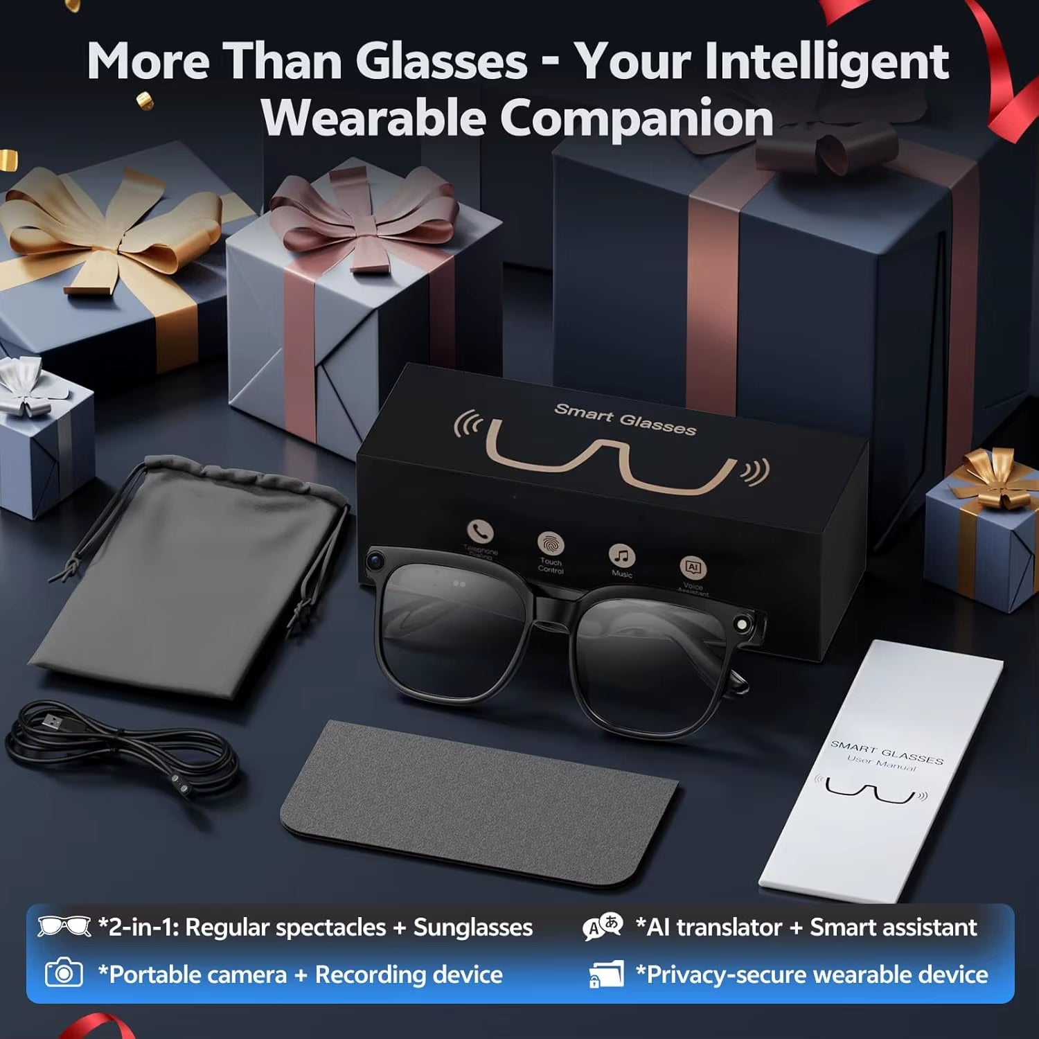 2026 4K 8MP Smart Glasses Men HD Camera 150+Language Translation Chatgpt WIFI Video Recording Bluetooth Callaudio Glasses Women