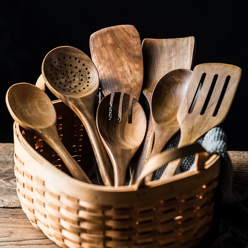 9PCS Wooden Spoons for Cooking, Wooden Utensils for Cooking with Utensils Holder, Teak Wooden Kitchen Utensils Set