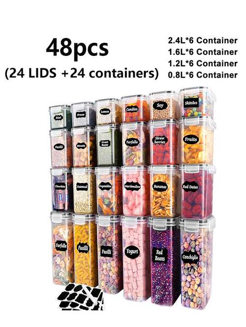 48Pcs, Sealed Food Storage Containers with Lids, Plastic Kitchen Pantry, Dry Cargo Jars of Lactose, Grain, Flour, Sugar, Labeled