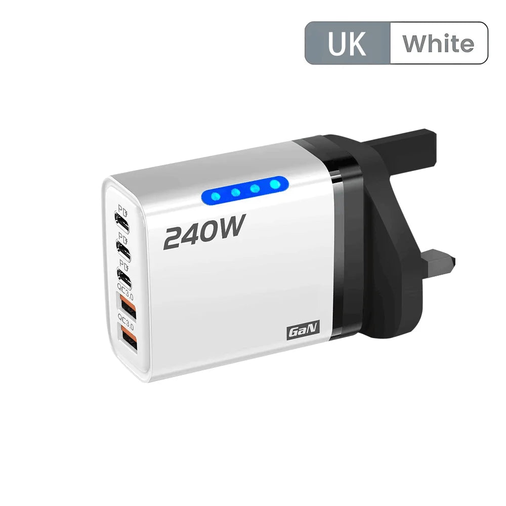 240W 5 in 1 USB C Gan Desktop Charger Fast Charge Phone Adapter 10A Type C Cable for Iphone Samsung Xiaomi EU/US/UK Plug Charger