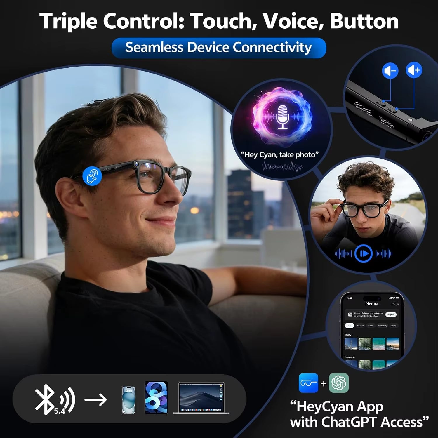 2026 4K 8MP Smart Glasses Men HD Camera 150+Language Translation Chatgpt WIFI Video Recording Bluetooth Callaudio Glasses Women