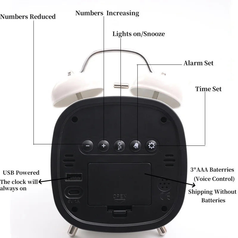 Voice Control Digital Alarm Clock Double Bell Super Loud for Heavy Sleeper Night Mode 12/24H Night Anti-Disturb Table LED Clock
